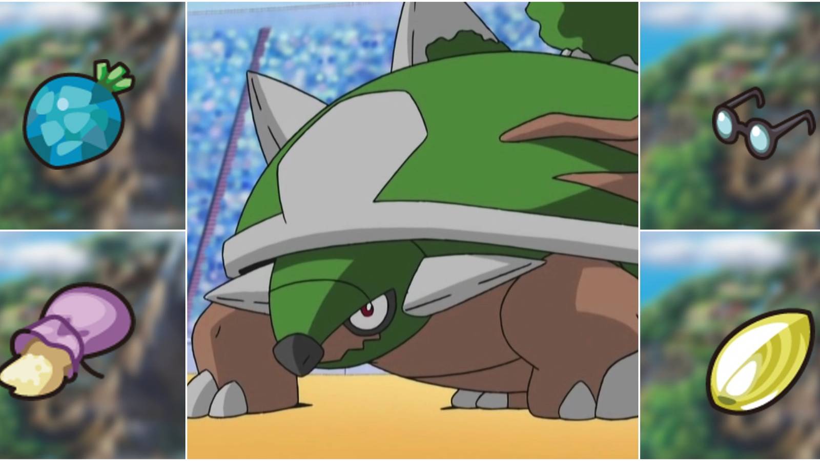 center: torterra; other images clockwise from left: yache berry, wise glasses, miracle seed, soft sand