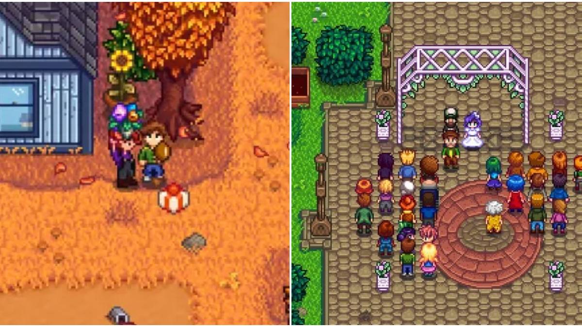 left: player giving Alex a bouquet; right: player getting married to Abigail