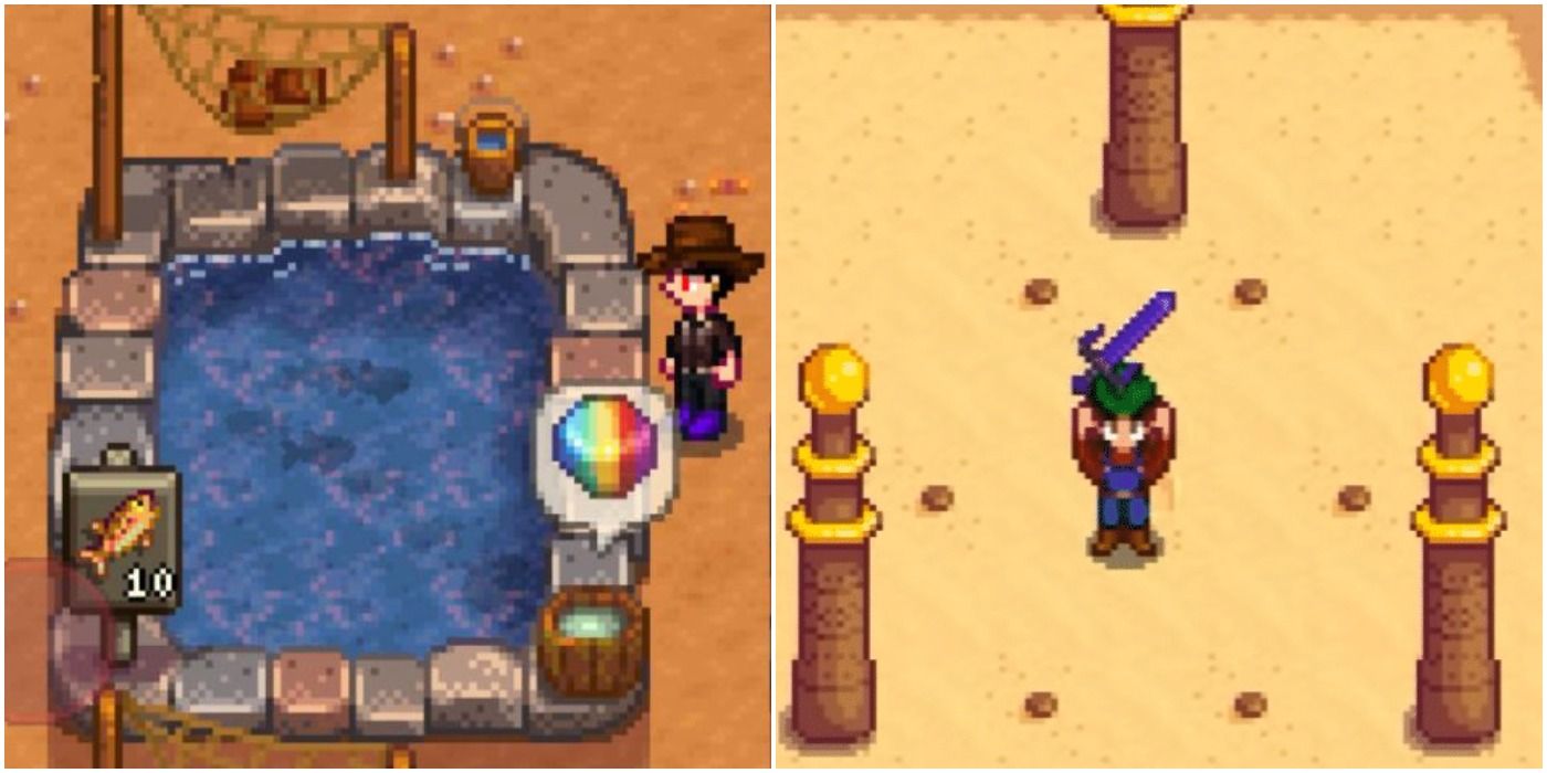 left: prismatic shard in fish pond, right: player getting galaxy sword