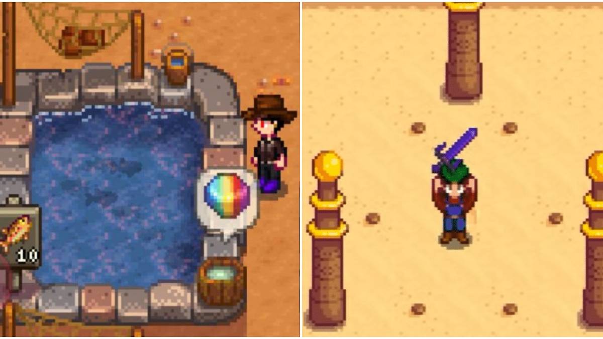 left: prismatic shard in fish pond, right: player getting galaxy sword