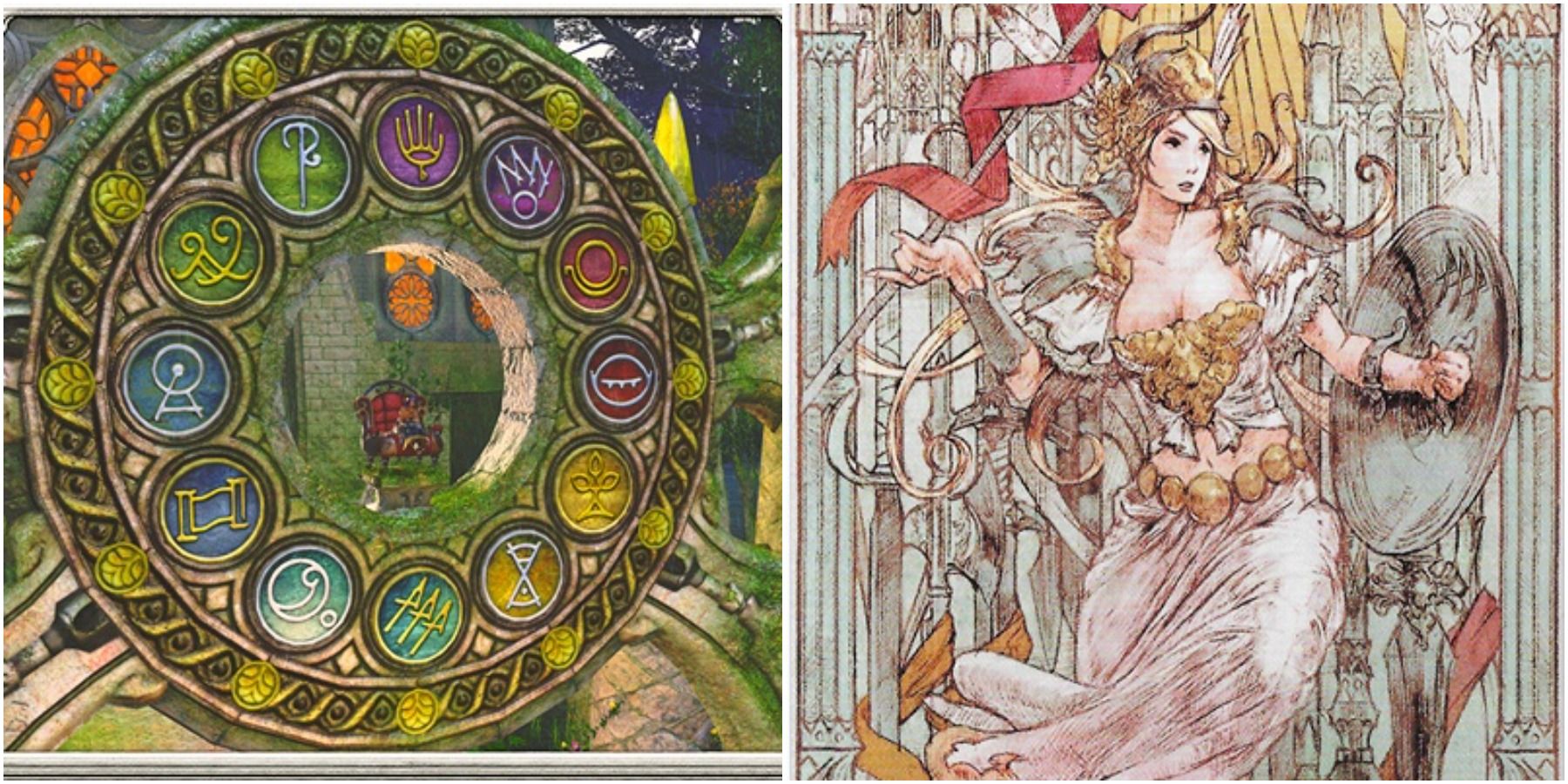 Split image of the Twelve symbols and the Spear Astrologian card. 