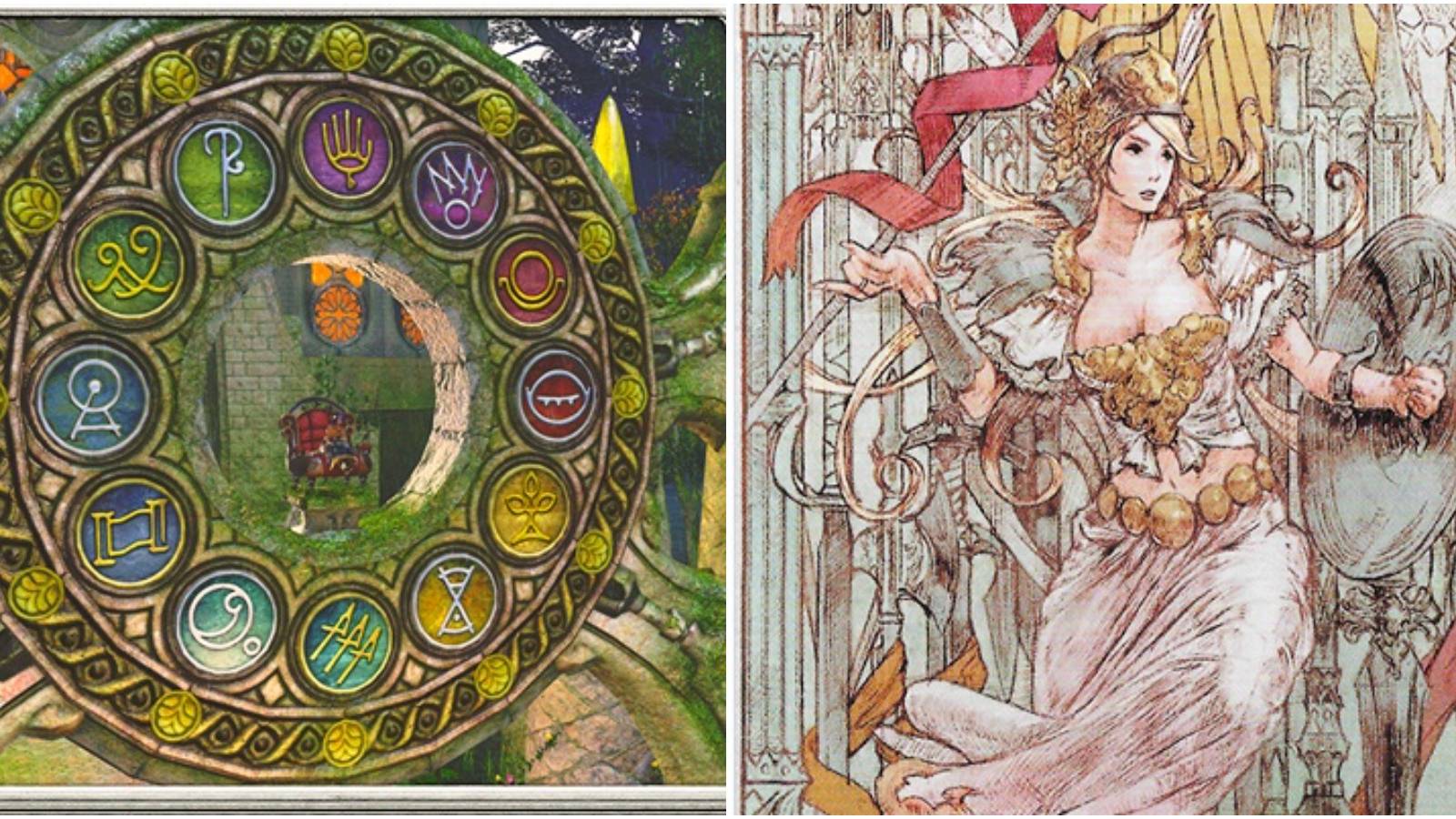 Split image of the Twelve symbols and the Spear Astrologian card. 