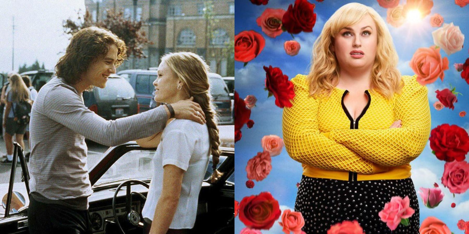 Best Valentine's Day movies for cynical romantics feature split image 10 Things I Hate About You and Isn't It Romantic