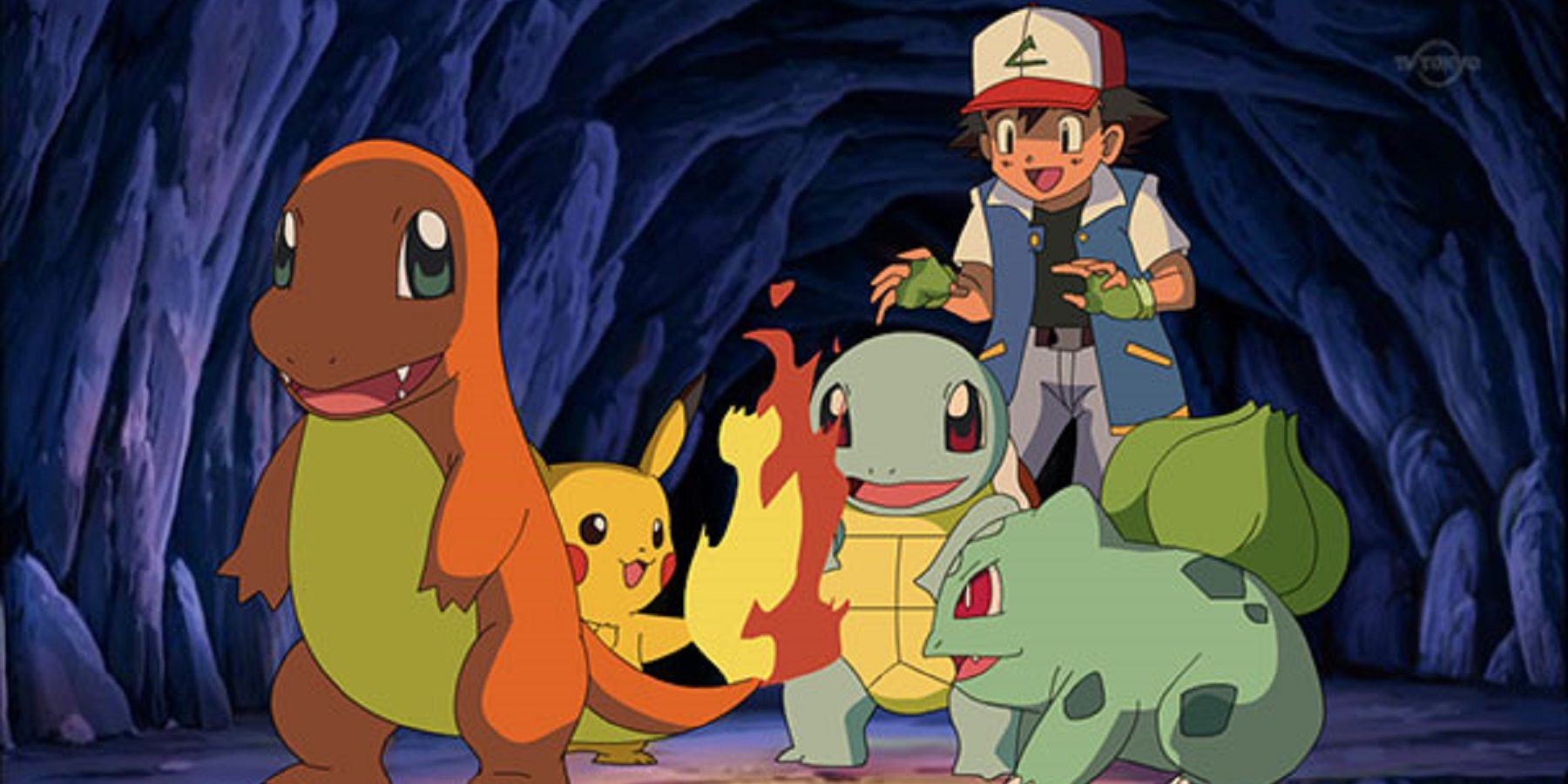 pokemon anime kanto starters warming themselves by charmander's tail feature