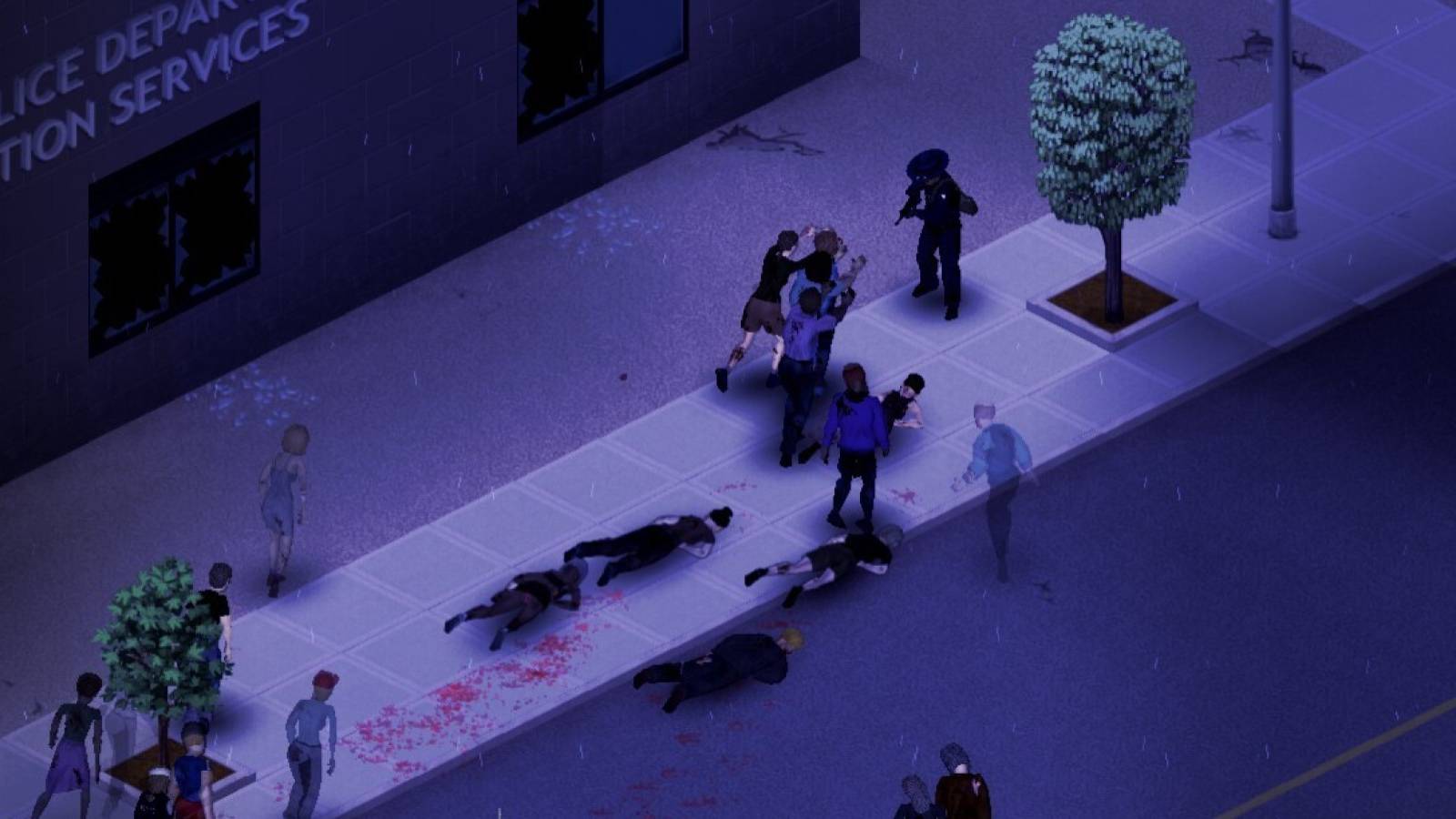 I wounded survivor defending themselves against zombies in Project Zomboid