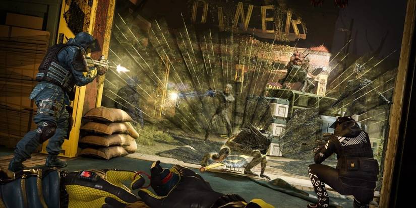 rainbow six characters shooting at an alien 