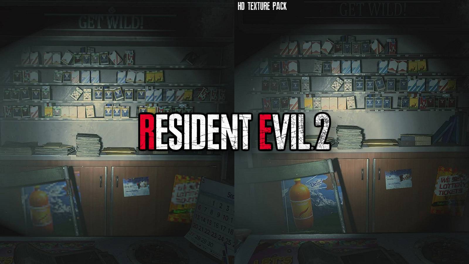 The Resident Evil 2 logo with two side-by-side comparisons between the remake's textures.