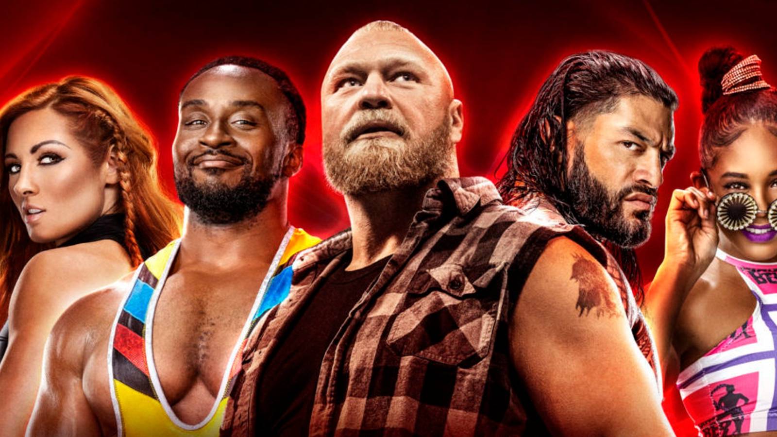 Becky Lynch, Big E, Brock Lesnar, Roman Reigns, and Bianca Belair on Royal Rumble poster