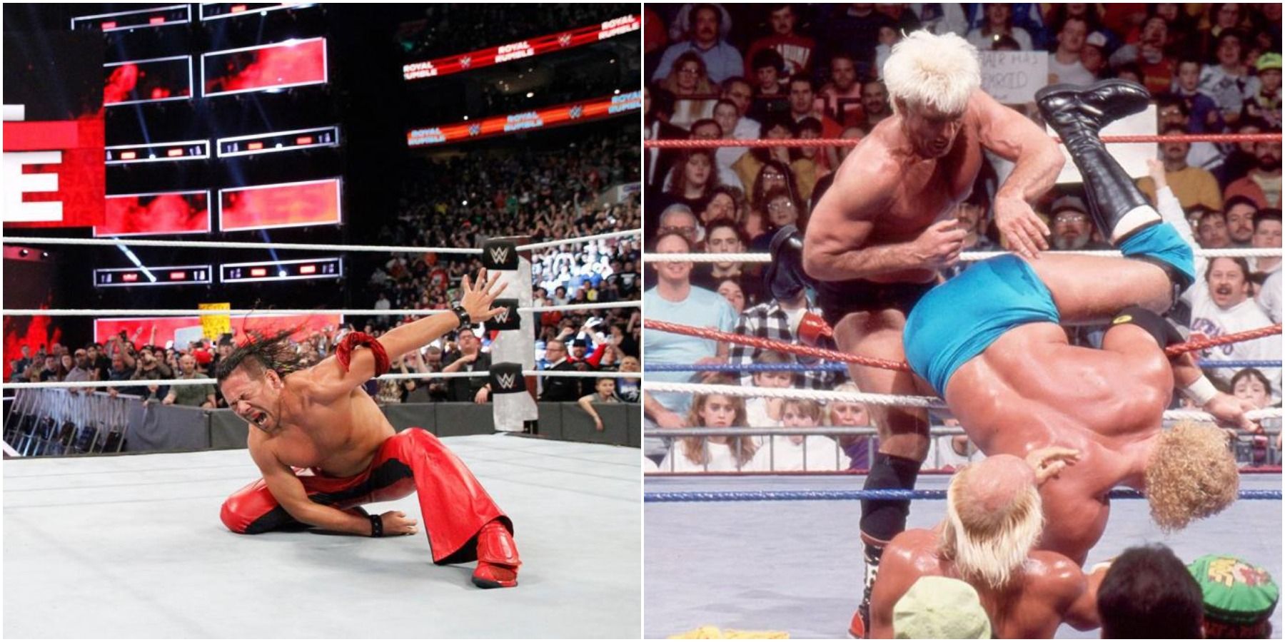 (Left) Nakamura celebrating (Right) Ric Flair throwing someone out the ring