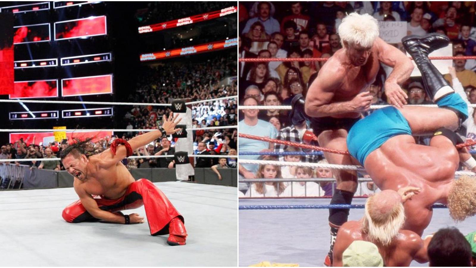 (Left) Nakamura celebrating (Right) Ric Flair throwing someone out the ring