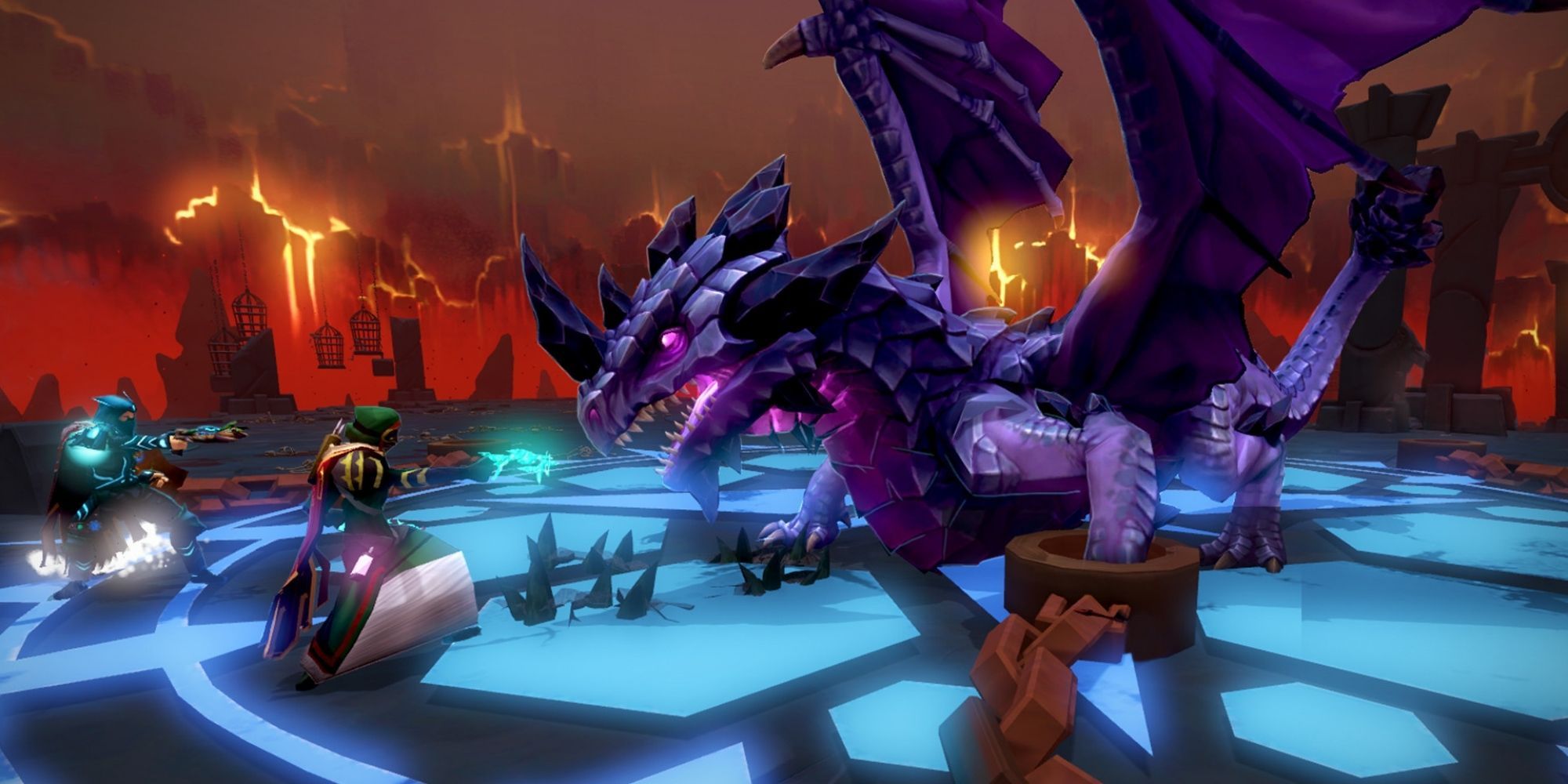 Official RuneScape 3 image of two player-characters attacking a purple dragon.