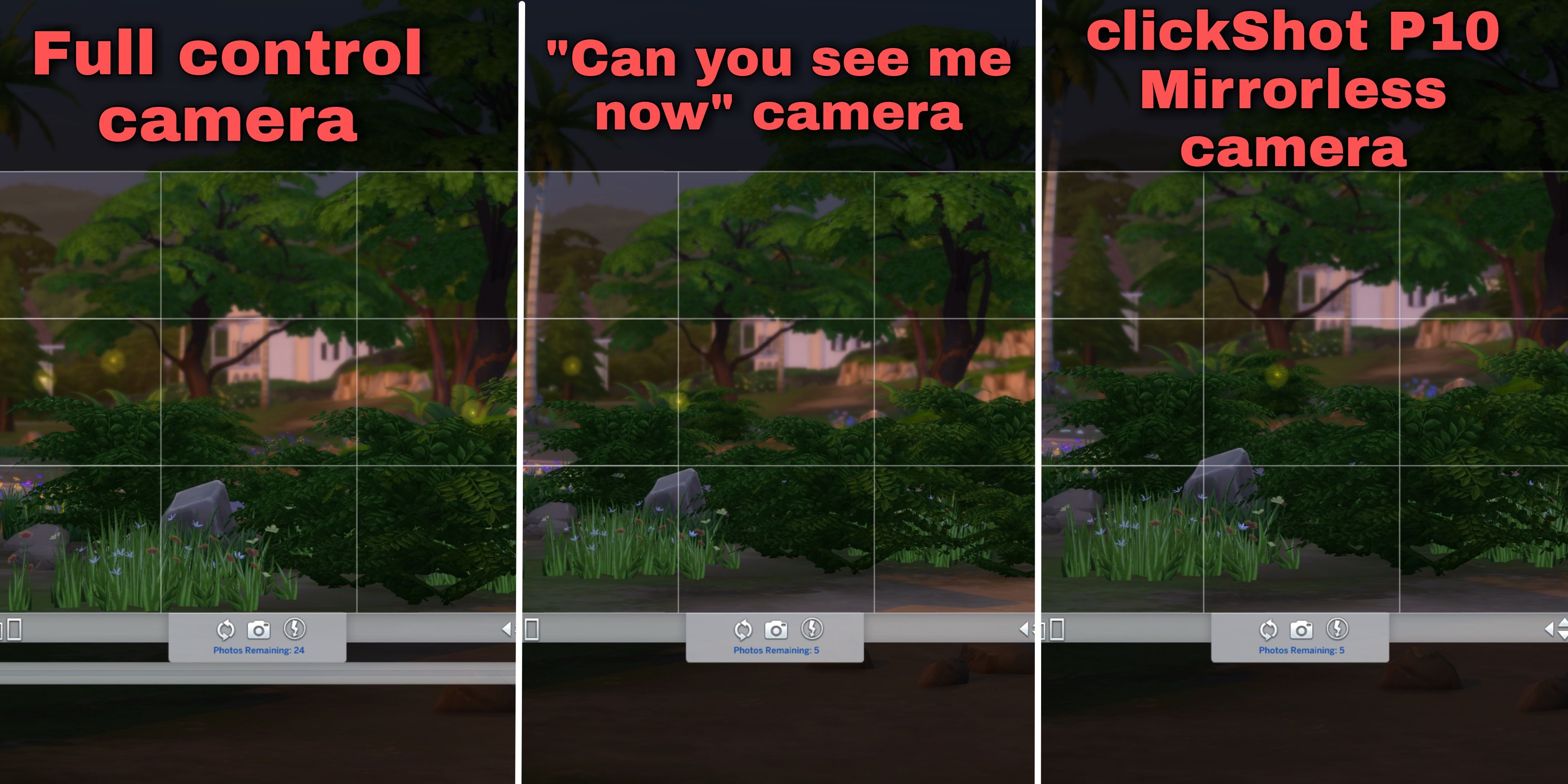 same image taken with three different cameras in the sims 4