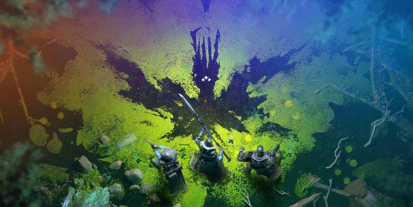 Savthun's silhouette watches Guardians in a swamp in Destiny 2.