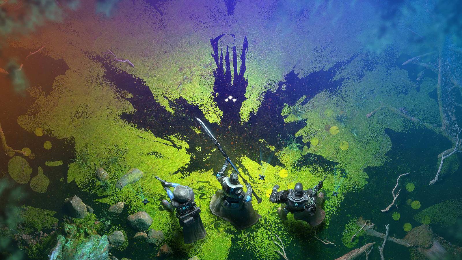 Savthun's silhouette watches Guardians in a swamp in Destiny 2.