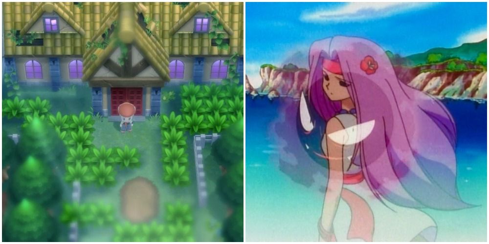 Split image of Old Chateau and ghastly woman from anime.