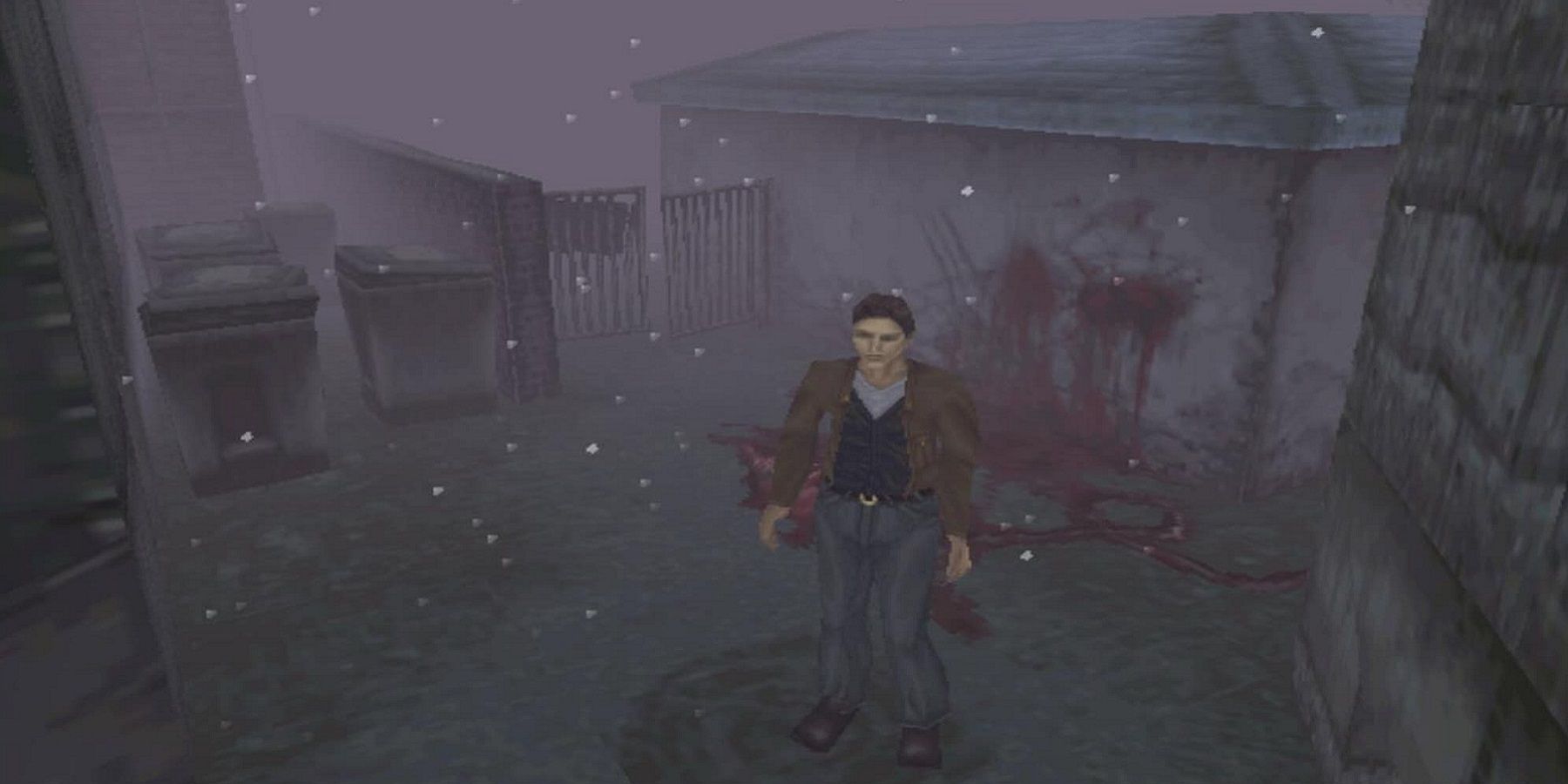 Screenshot from Silent Hill showing Harry Mason in an alleyway with guts on the wall behind him.