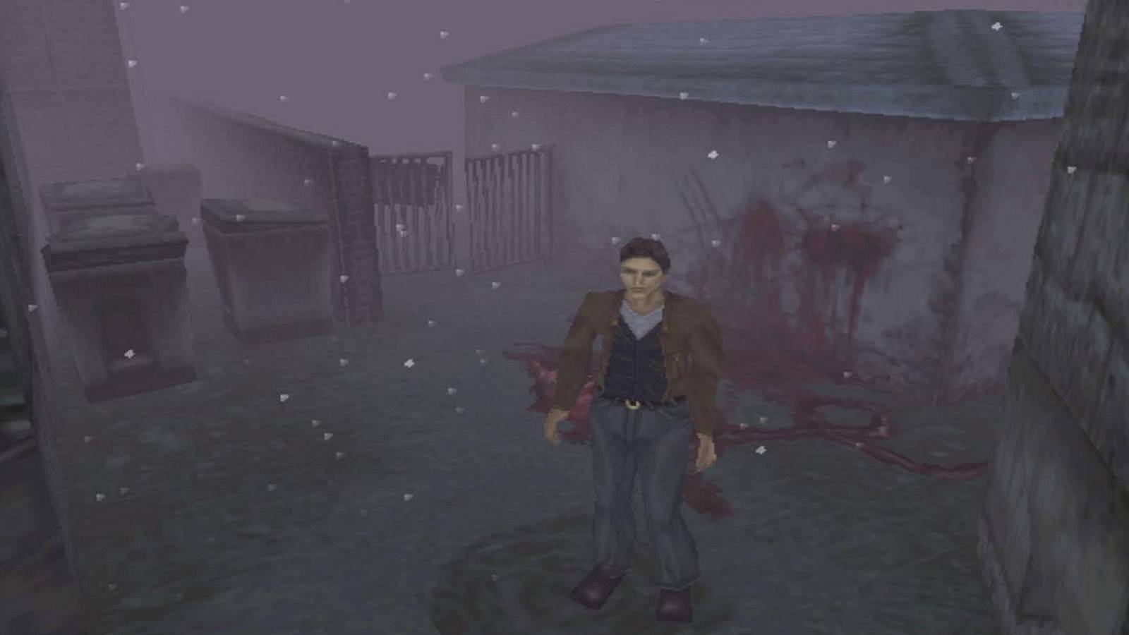 Screenshot from Silent Hill showing Harry Mason in an alleyway with guts on the wall behind him.