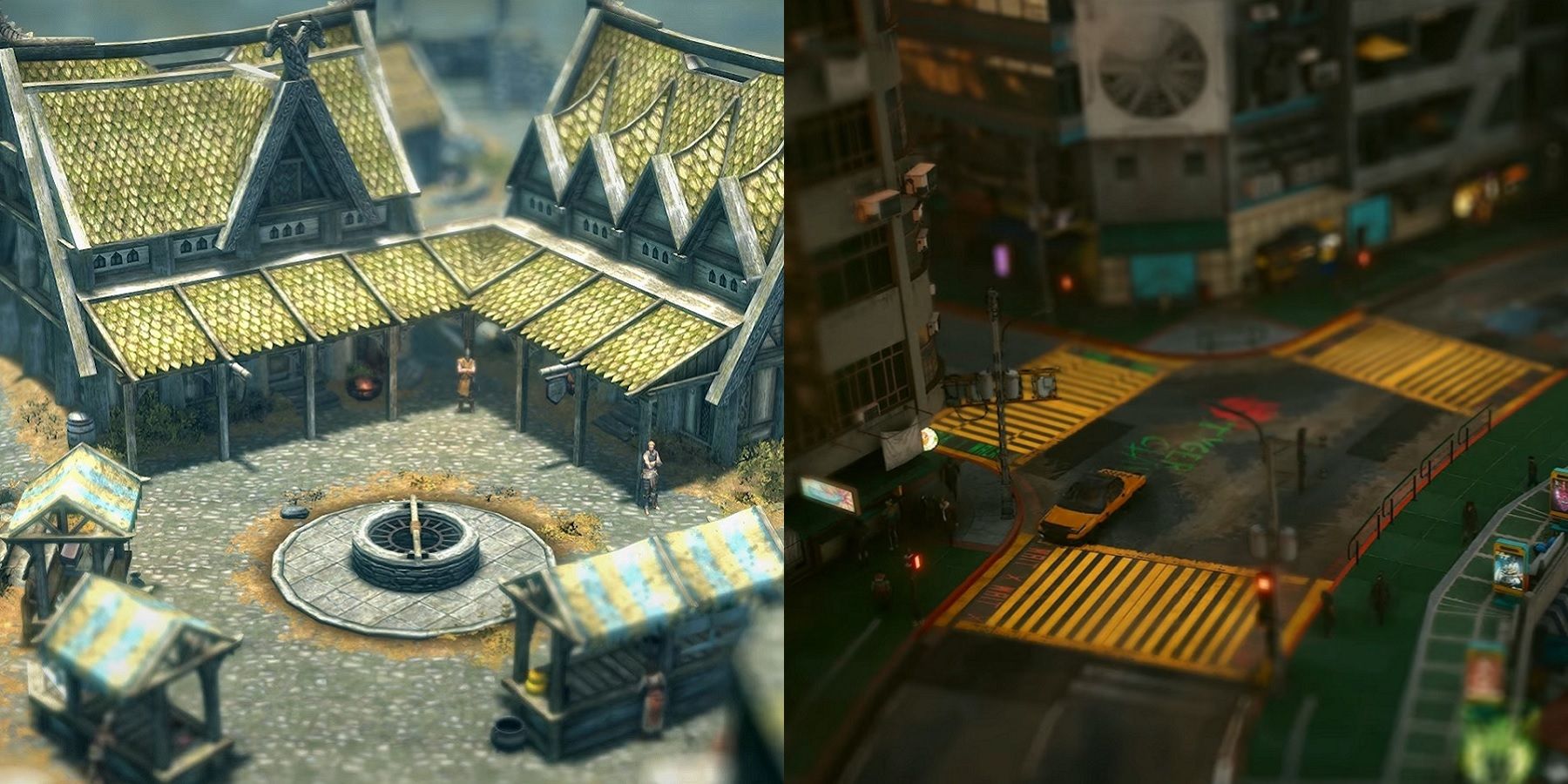 Tilt shift image of Skyrim on one side and Cyberpunk 2077 on the other.