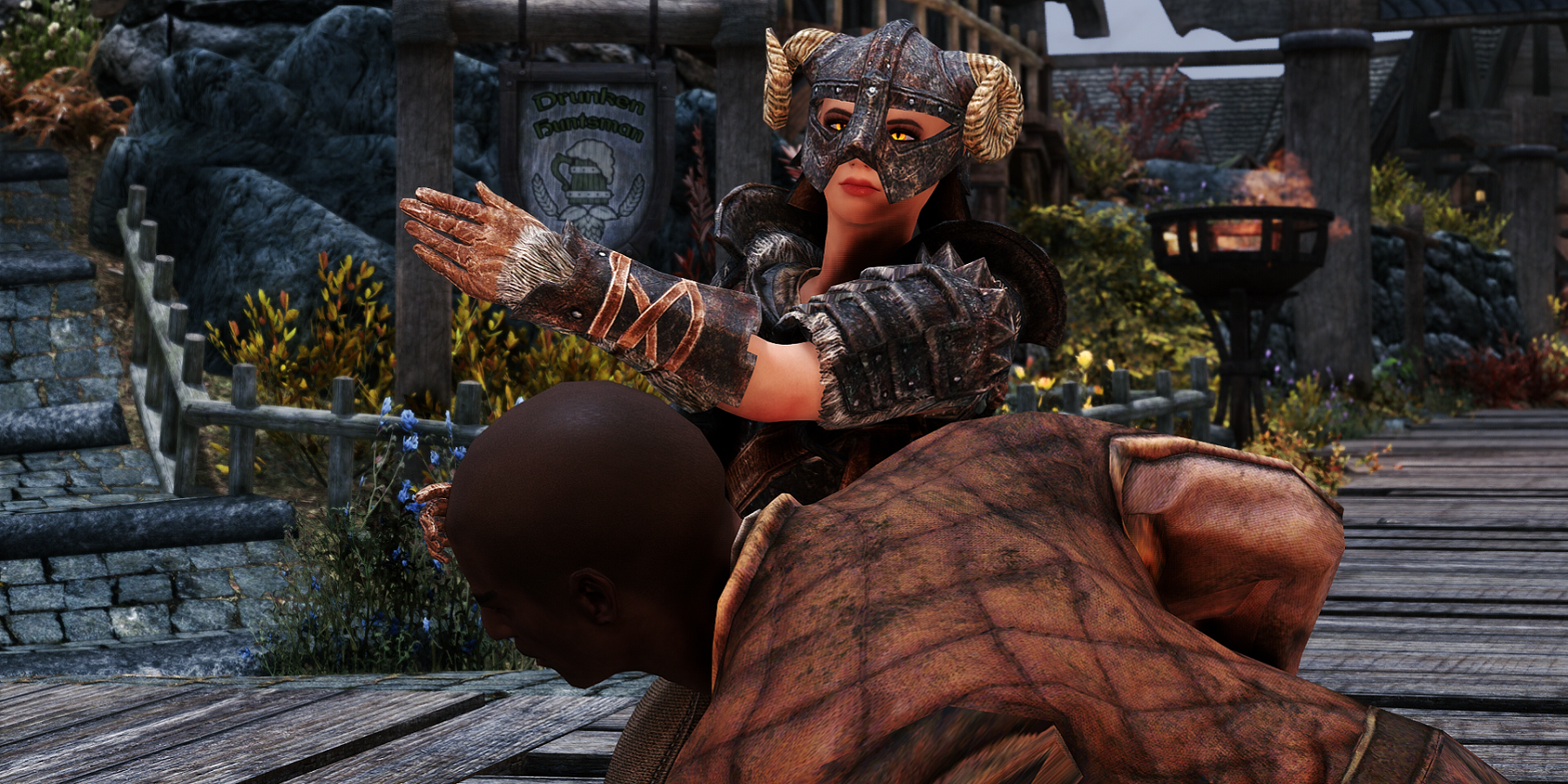 Screenshot from The Elder Scrolls 5: Skyrim showing Nazeem being slapped by the Dragonborn.