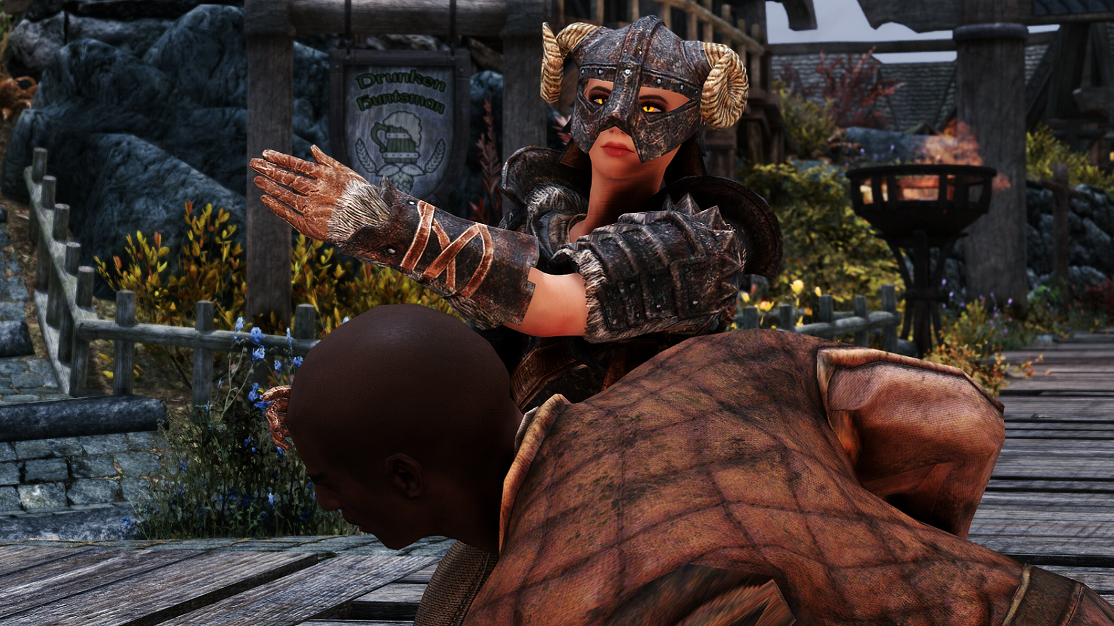 Screenshot from The Elder Scrolls 5: Skyrim showing Nazeem being slapped by the Dragonborn.