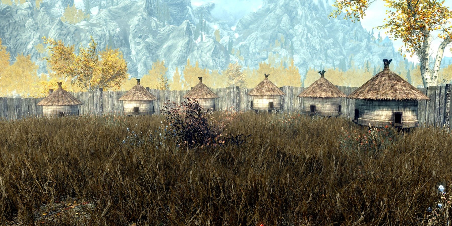 Screenshot from Elder Scrolls 5: Skyrim showing the Goldenglow Estate beehive farm.