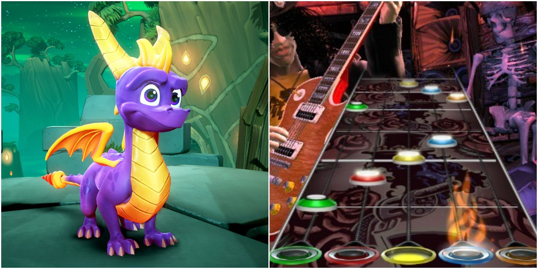 (Left) Spyro smiling (Right) Guitar Hero gameplay