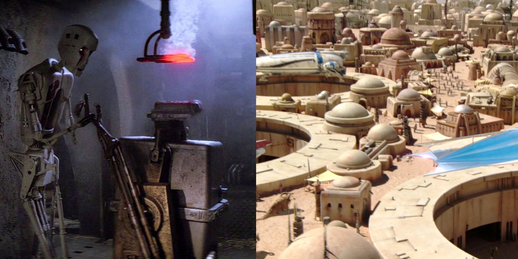 Split image of the 8D8 droid and location Mos Espa from Star Wars. 