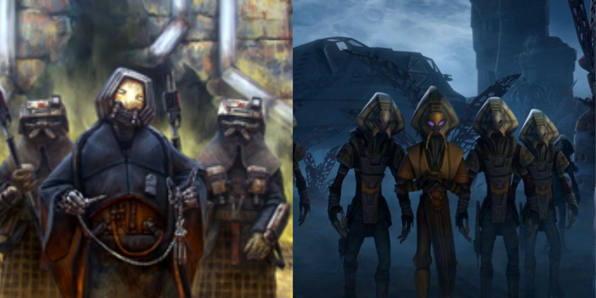 Split image of the Pyke Syndicate from the Solo: A Star Wars Story movie and The Clone Wars TV show. 