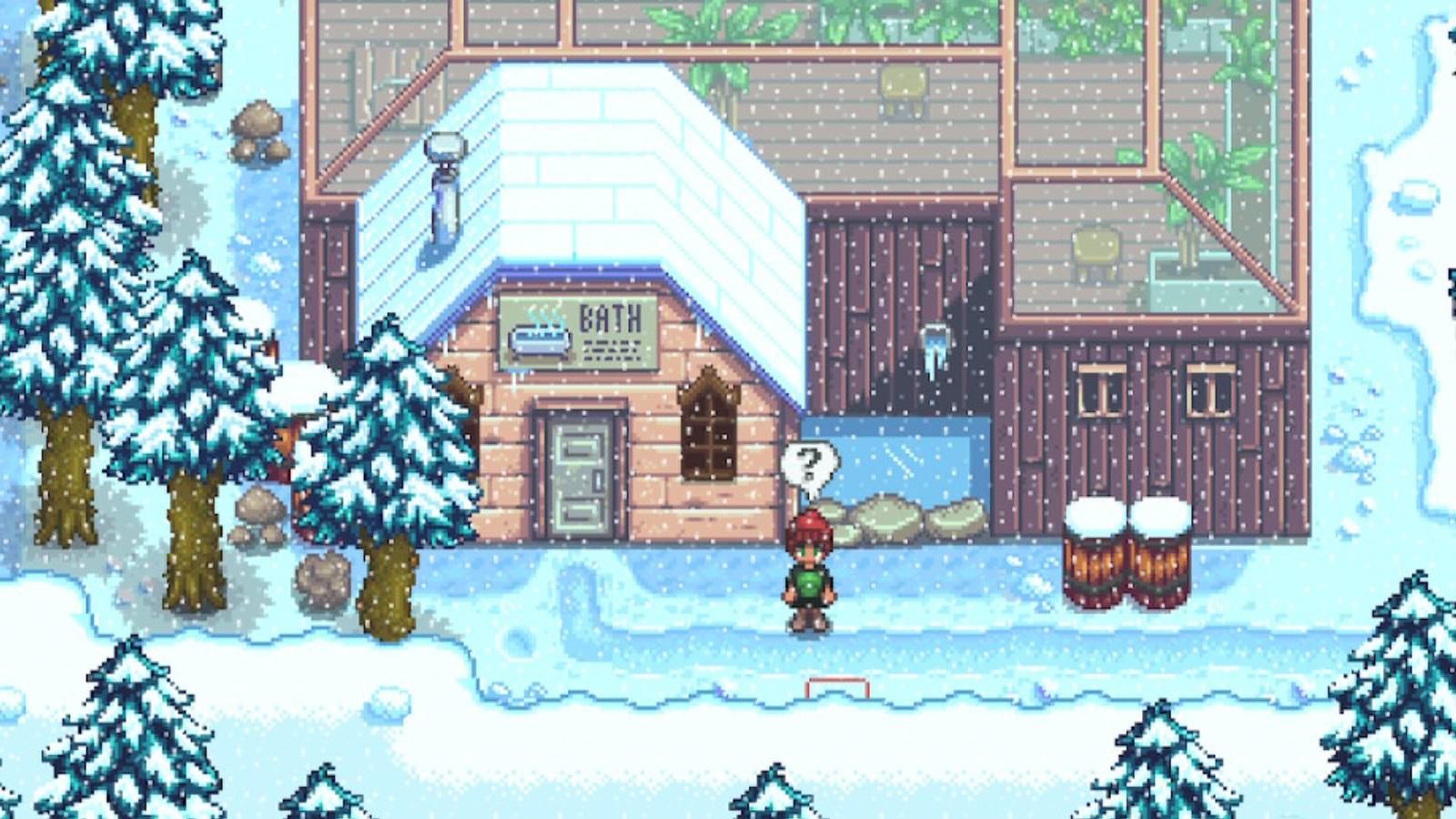 standing outside the spa in stardew valley 