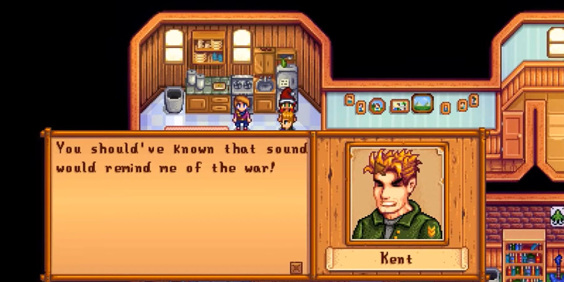 Kent shouting at the player about the popcorn noise reminding him of the war in Stardew Valley