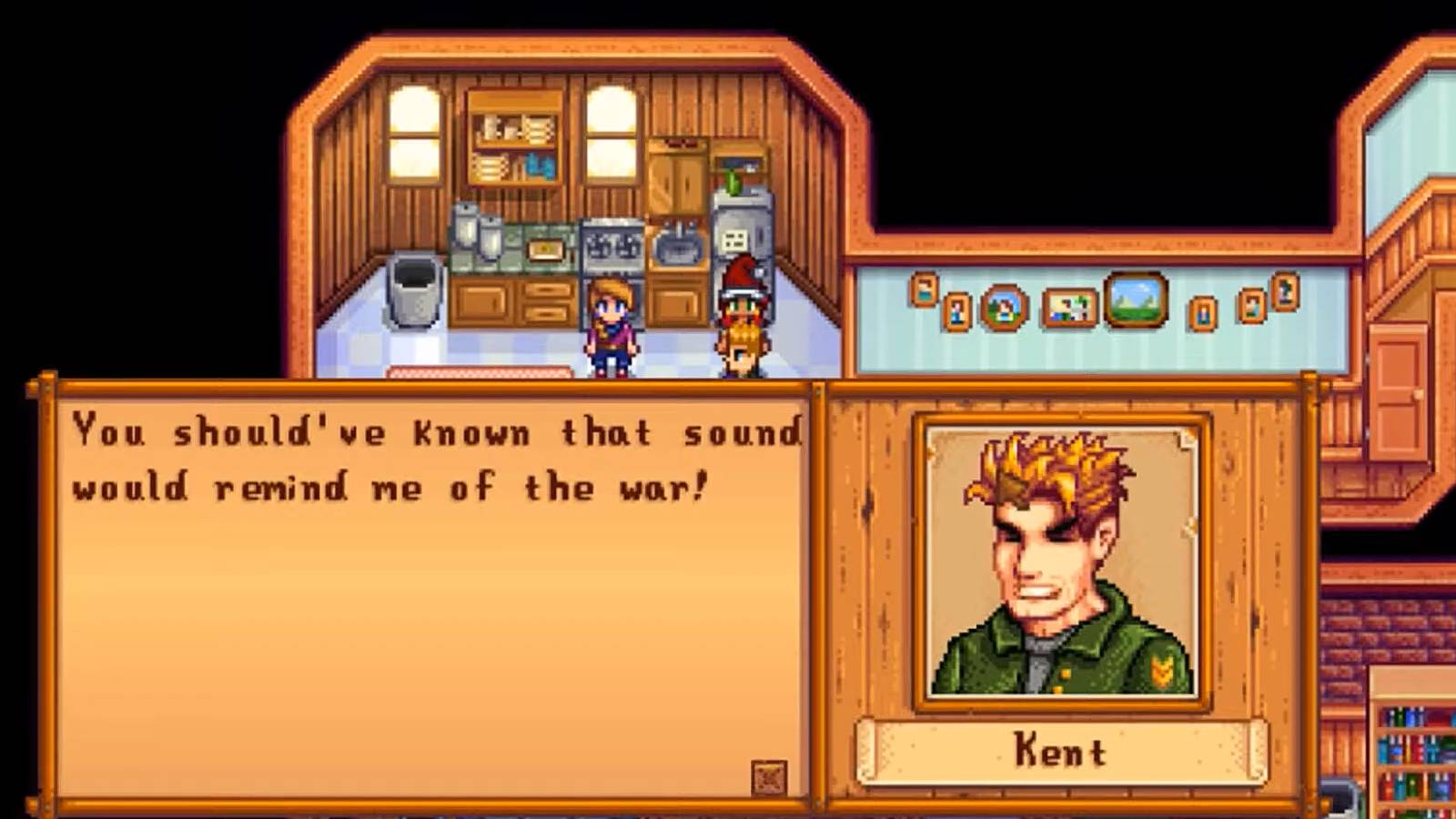 Kent shouting at the player about the popcorn noise reminding him of the war in Stardew Valley