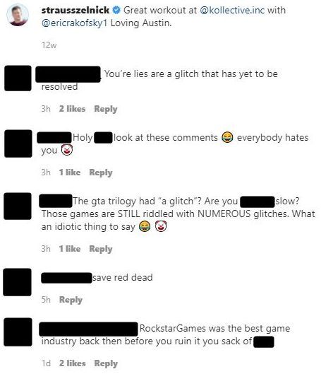 A screenshot of Strauss Zelnick's Instagram page, with numerous insults in the replies. Profanity has been redacted.
