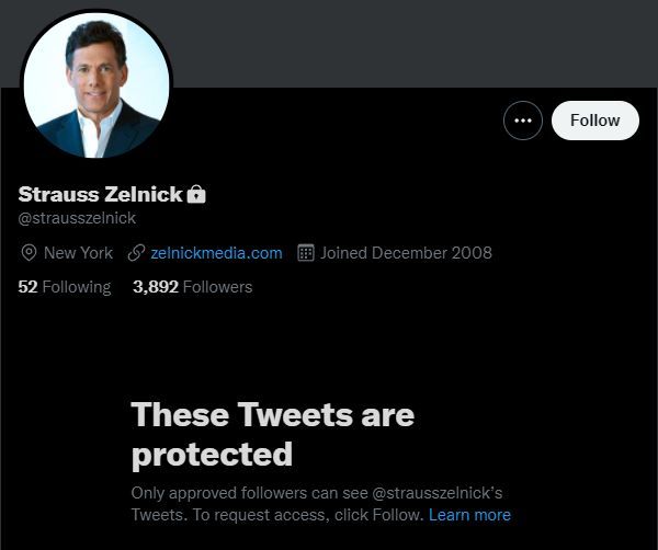 Screenshot of Strauss Zelnick's Twitter page, showing a "These Tweets are protected" screen blocking access to posts.