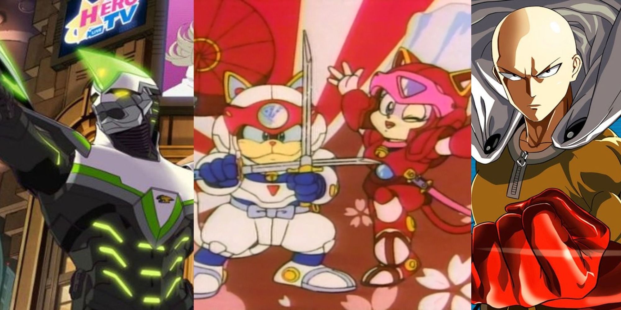 superhero parodies title split image Tiger & Bunny, Samurai Pizza Cats, One Punch Man 