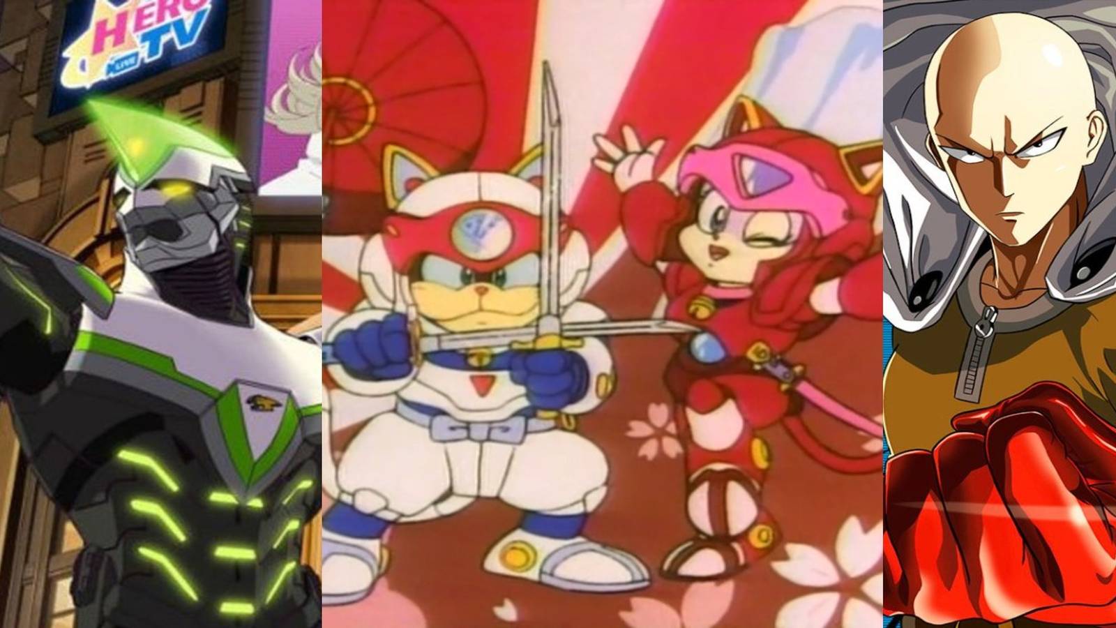 superhero parodies title split image Tiger & Bunny, Samurai Pizza Cats, One Punch Man 