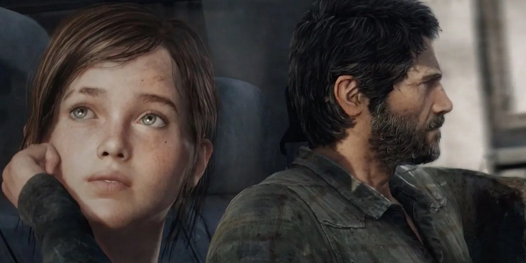 An image from The Last of Us showing Joel driving while Ellie looks out the window.