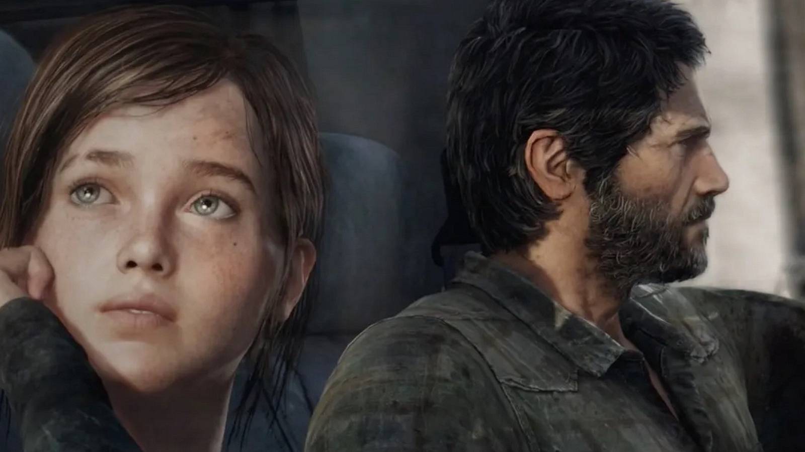 An image from The Last of Us showing Joel driving while Ellie looks out the window.