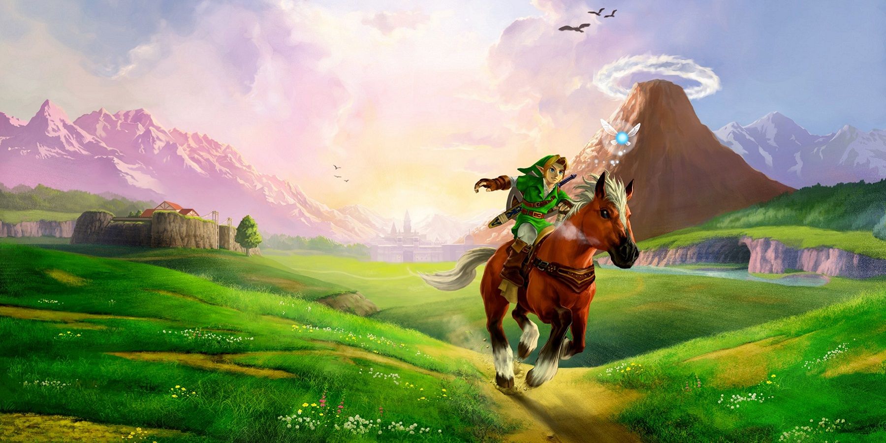 An image from Ocarina of Time showing Link riding on the back of Epona through a field.