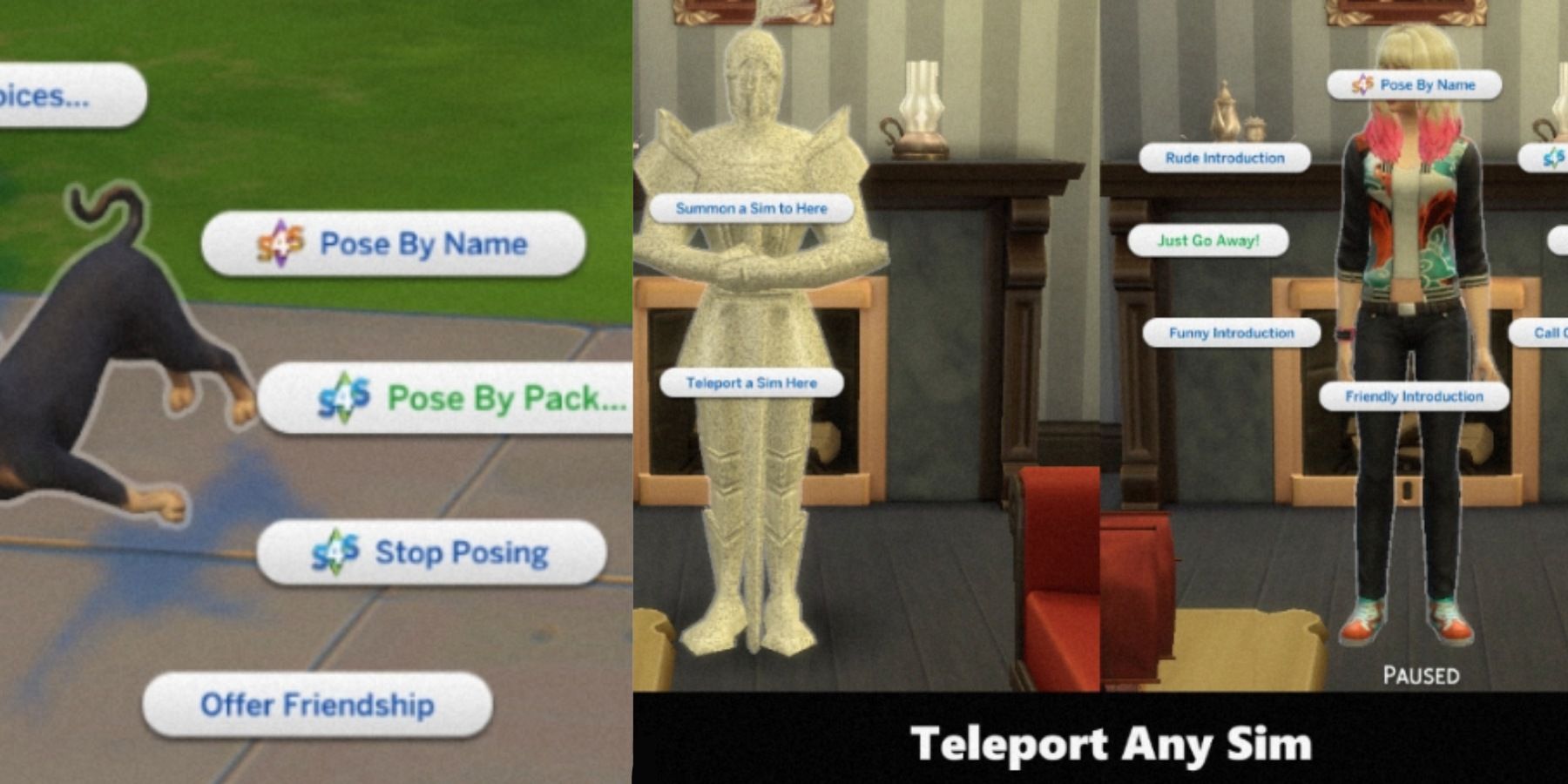 the pose player mod and the teleport any sim mod