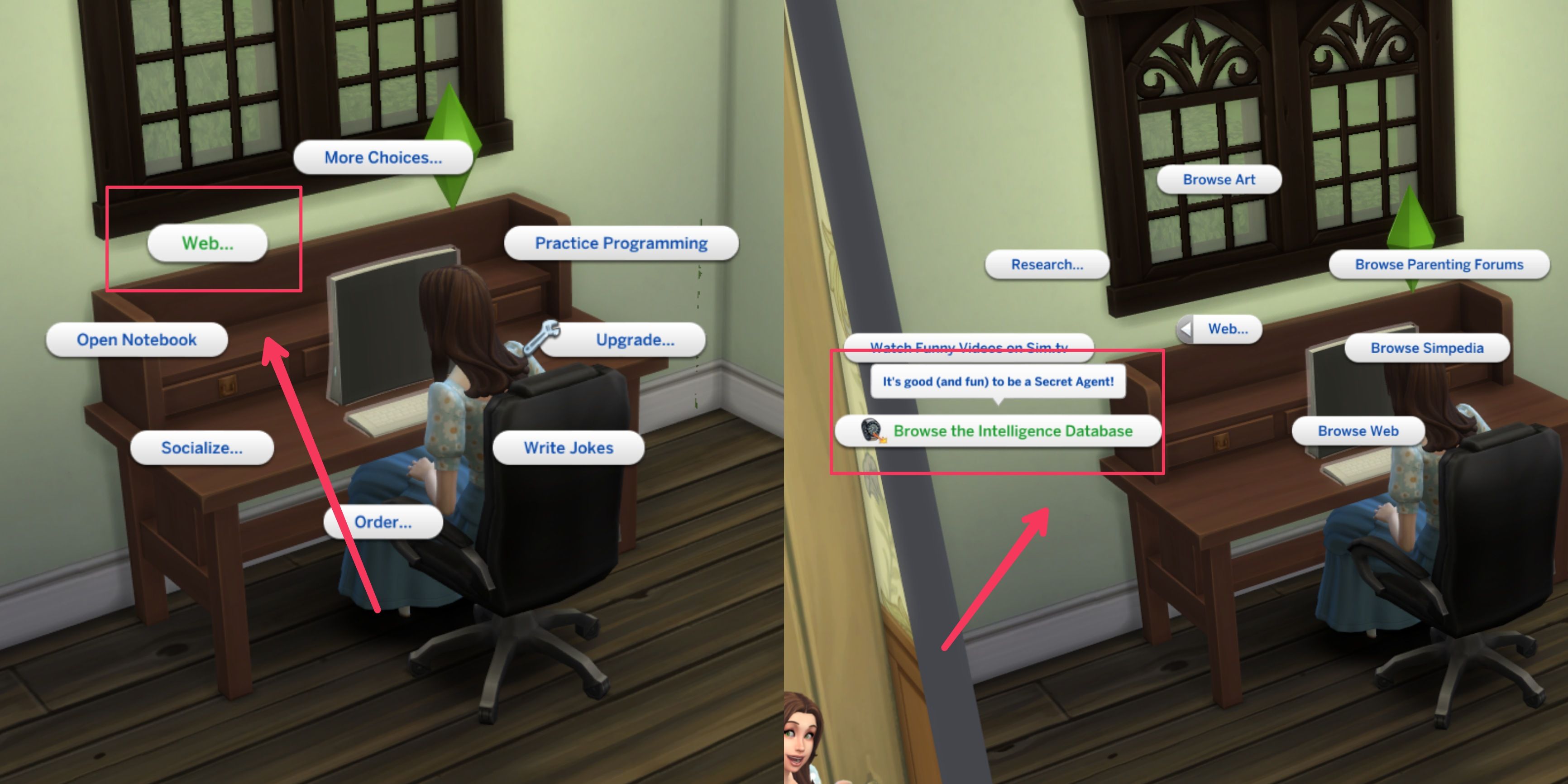 the web option and the browse intelligence database optionin the sims 4