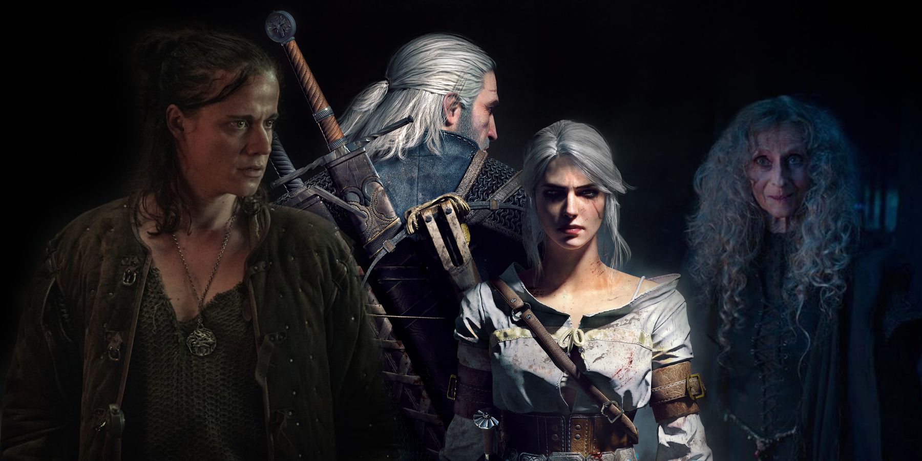 Eskel, Geralt, Ciri, and Voleth Meir from The Witcher franchise. (Eskel and Voleth Meir as they are depicted in The Witcher show on Netflix and Ciri and Geralt as they are depicted in The Witcher 3: Wild Hunt.)