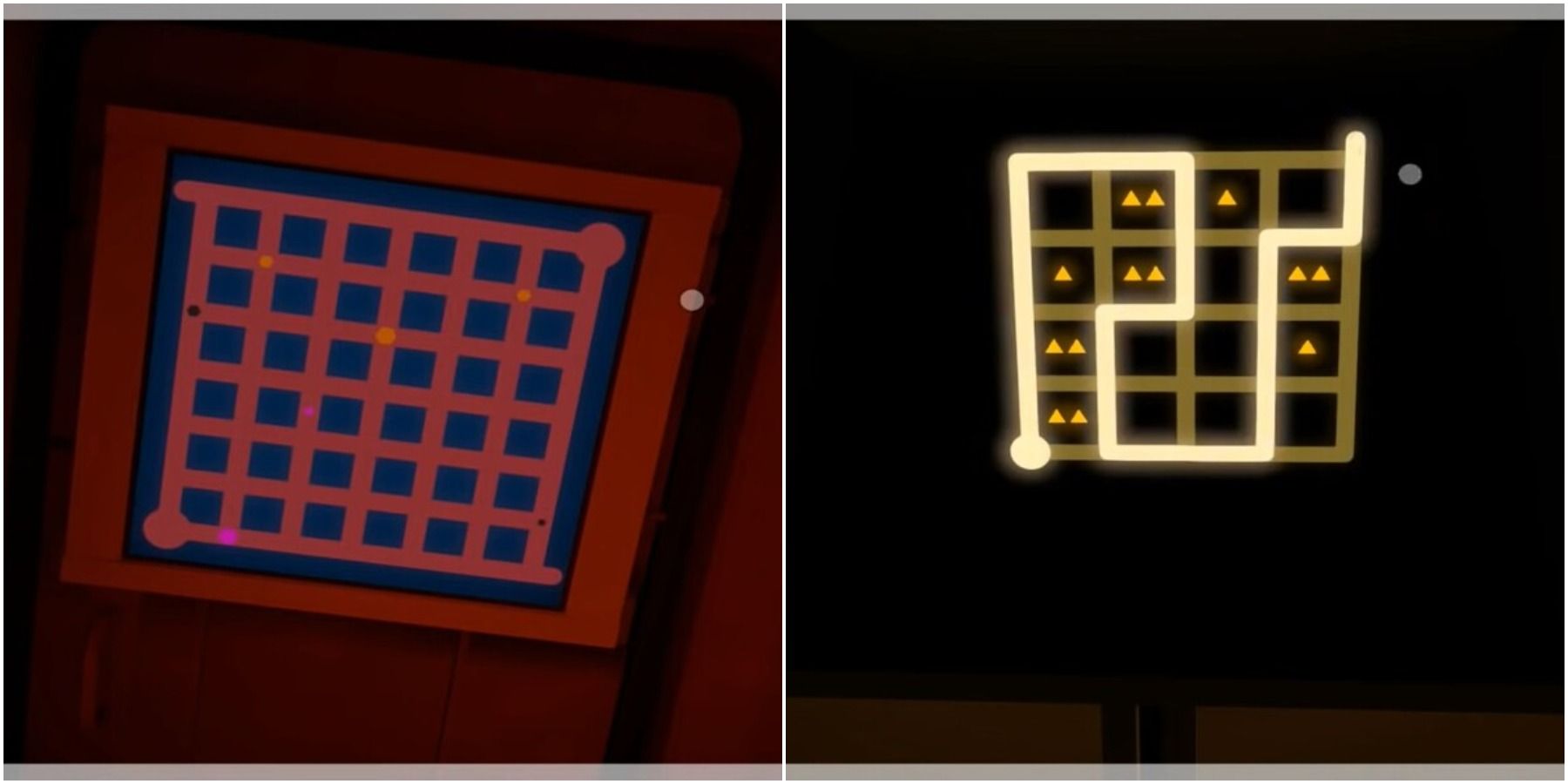 The Witness (Left) Ship door puzzle (Right) Challenge maze puzzle
