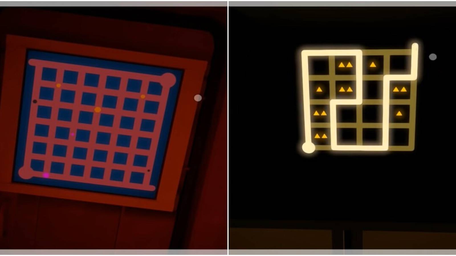 The Witness (Left) Ship door puzzle (Right) Challenge maze puzzle