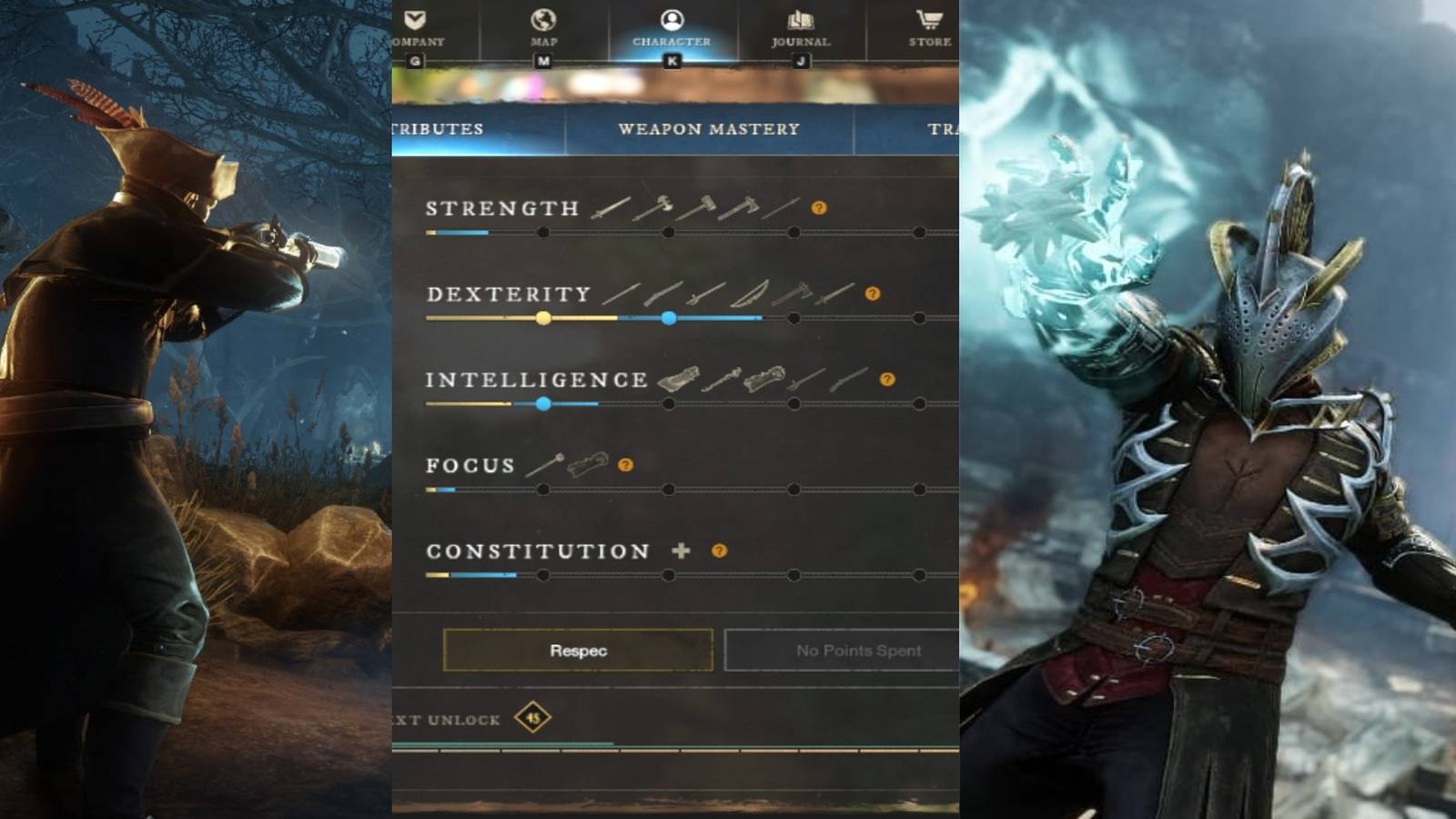 title split image New World core attributes Musket Core Atrribute screen Ice Gauntlet