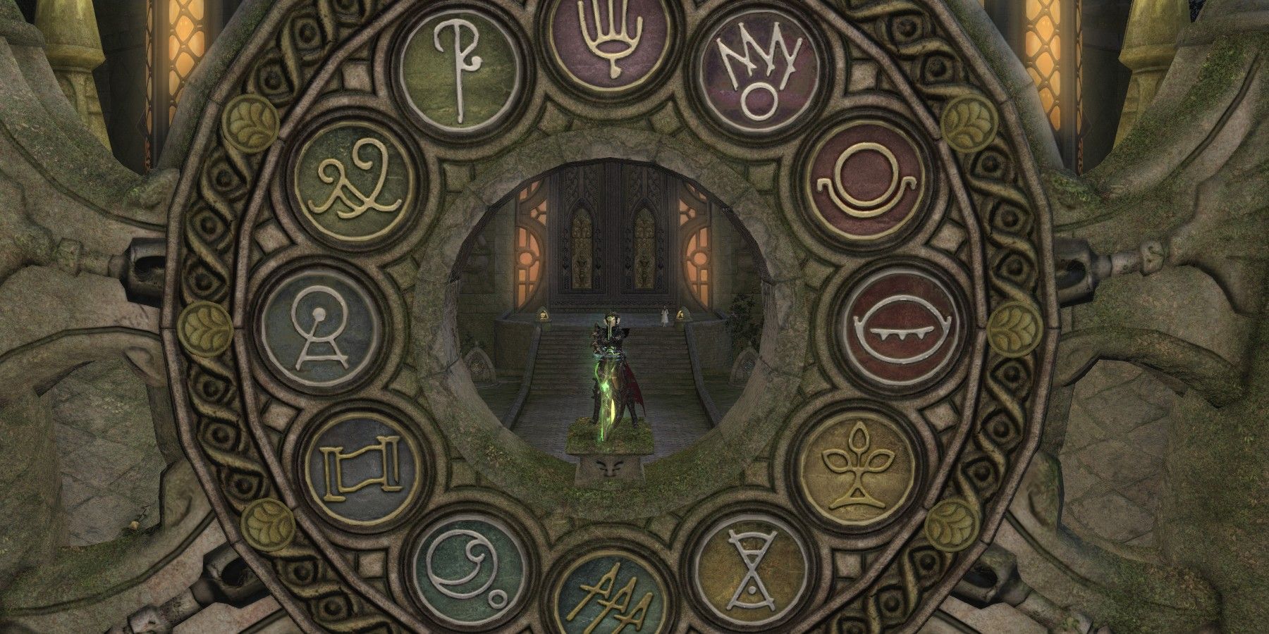 Character surrounded by symbols of the Twelve.