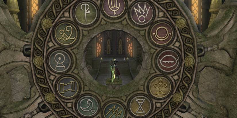 Character surrounded by symbols of the Twelve.
