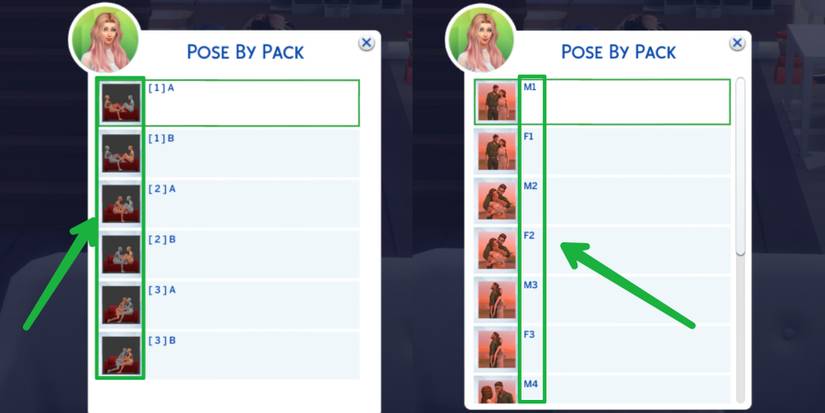 two lists of available poses in each pack in the Sims 4