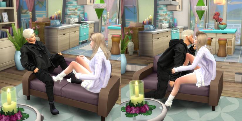 two sims sitting on a loveseat in the sims 4