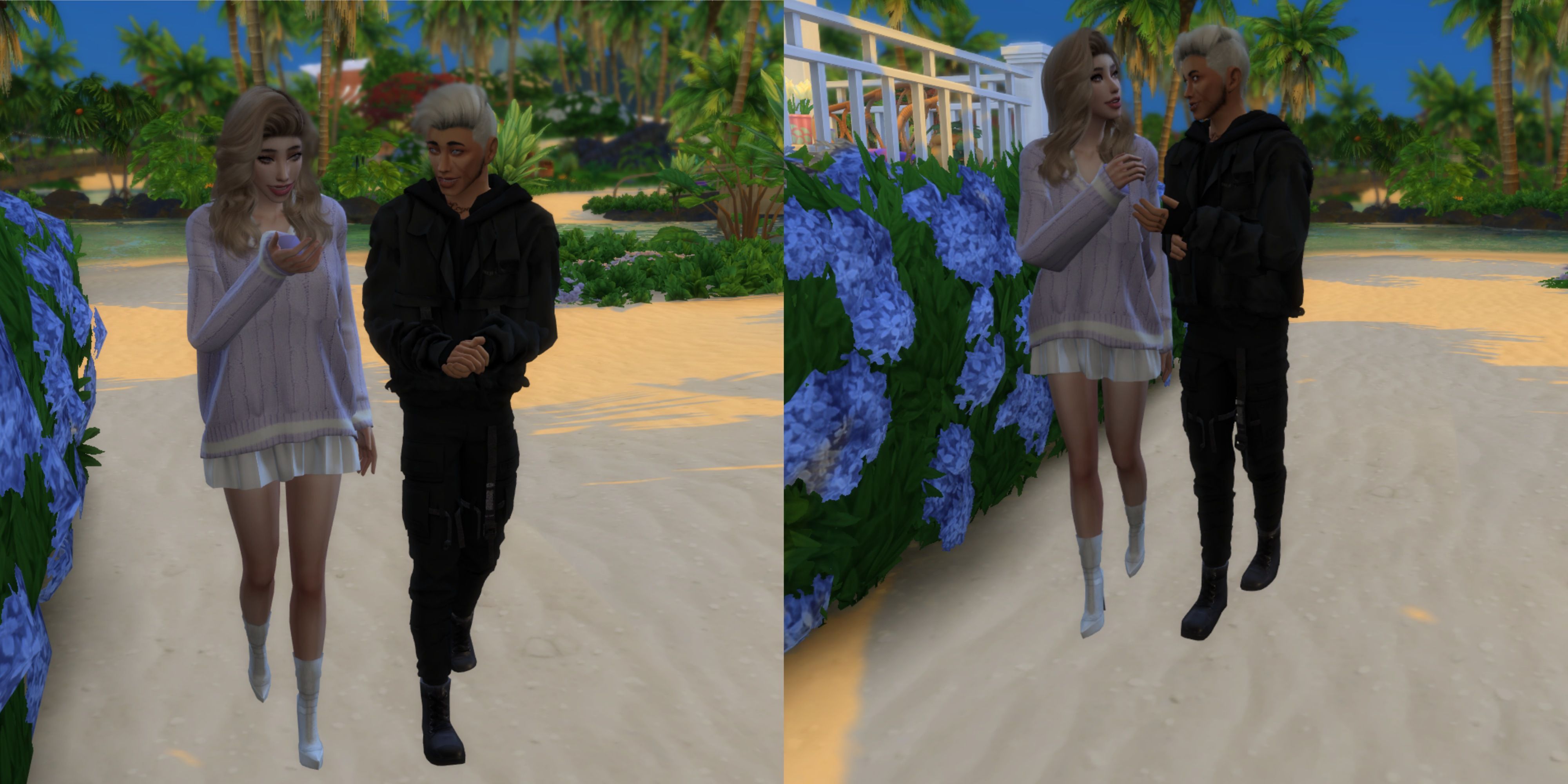 two sims walking and talking together in the sims 4