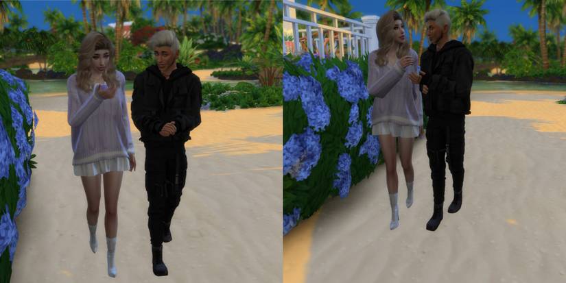 two sims walking and talking together in the sims 4